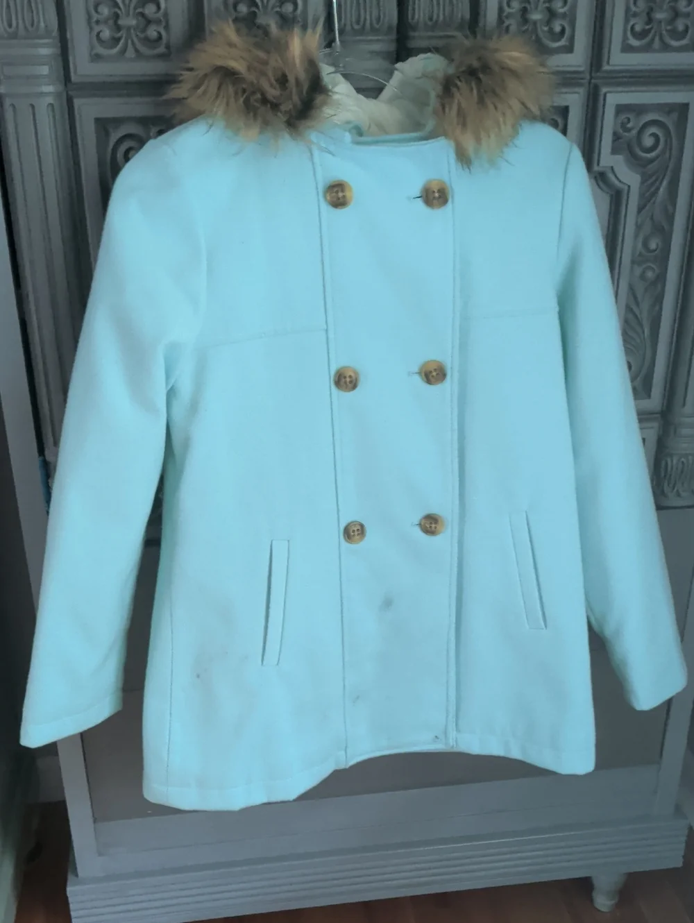 Cat & Jack Light Blue Double-Breasted Pea Coat w Faux Fur Hood Childs XL 14/16